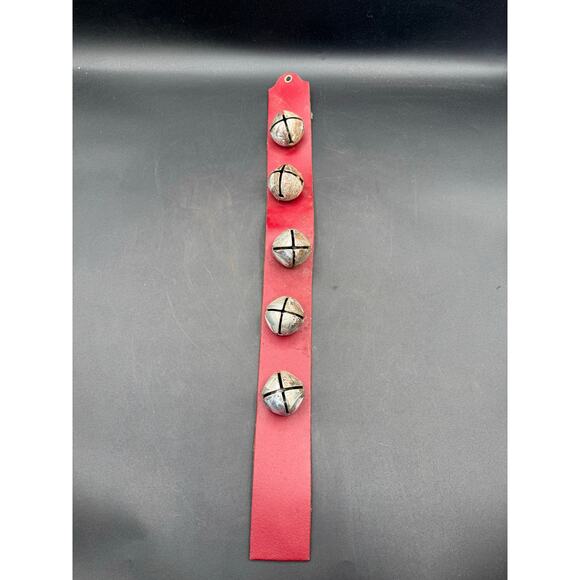 Vintage Bevin Bros. Christmas Jingle Bells on Red Leather Strap - Picture 1 of 8